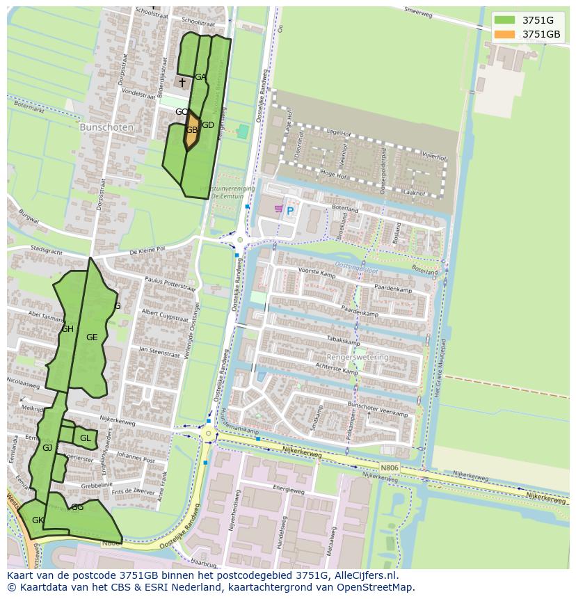 Afbeelding van het postcodegebied 3751 GB op de kaart.