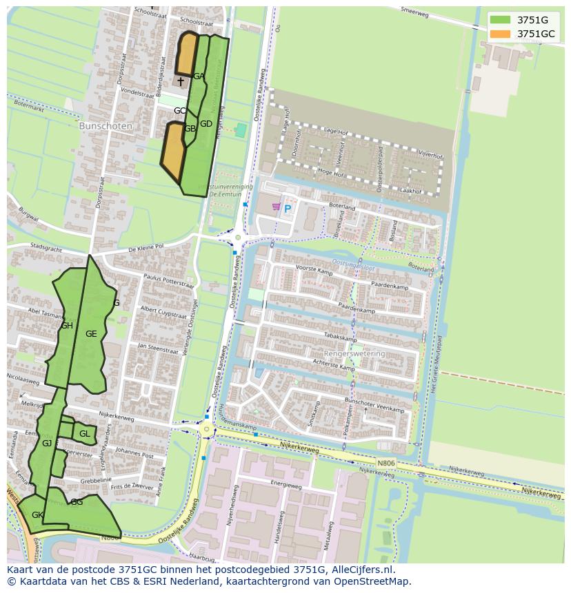 Afbeelding van het postcodegebied 3751 GC op de kaart.
