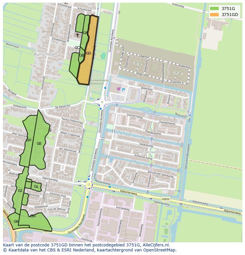 Afbeelding van het postcodegebied 3751 GD op de kaart.