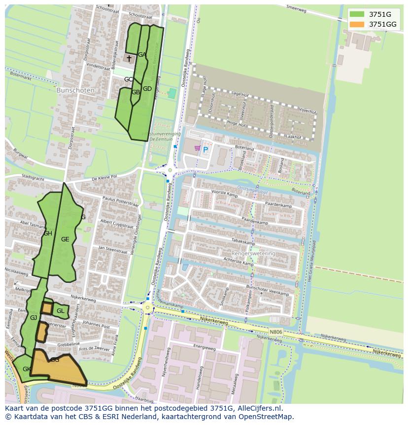 Afbeelding van het postcodegebied 3751 GG op de kaart.