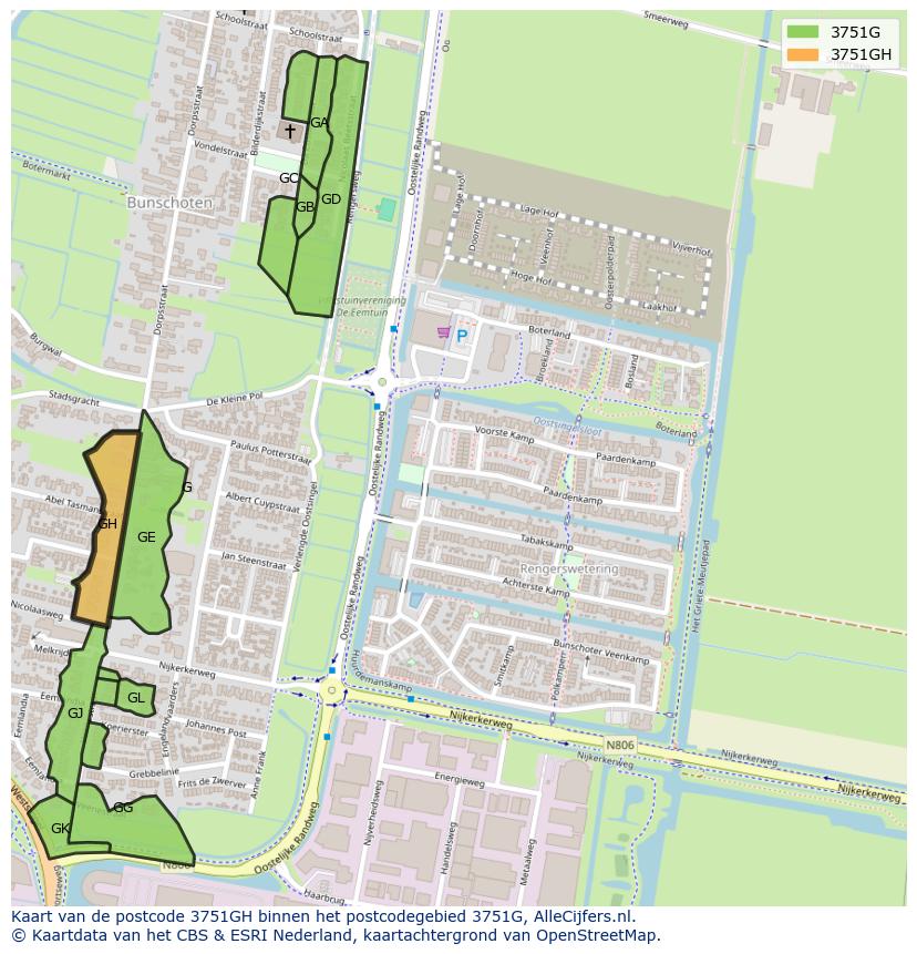 Afbeelding van het postcodegebied 3751 GH op de kaart.