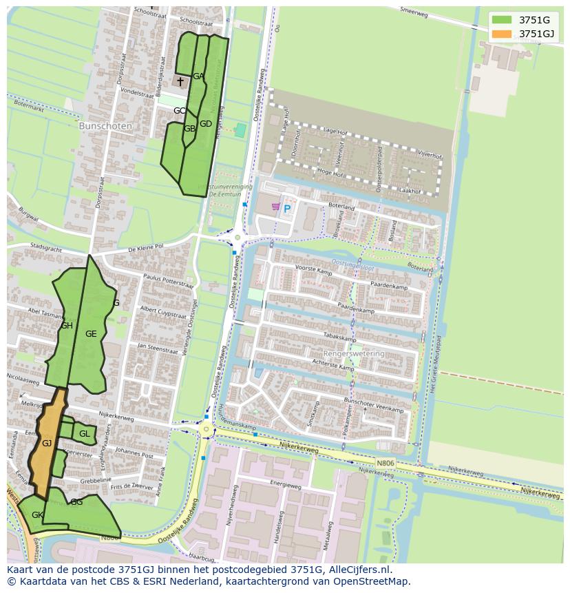 Afbeelding van het postcodegebied 3751 GJ op de kaart.