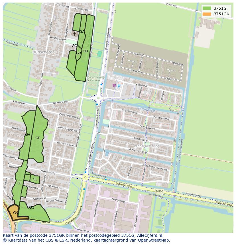 Afbeelding van het postcodegebied 3751 GK op de kaart.