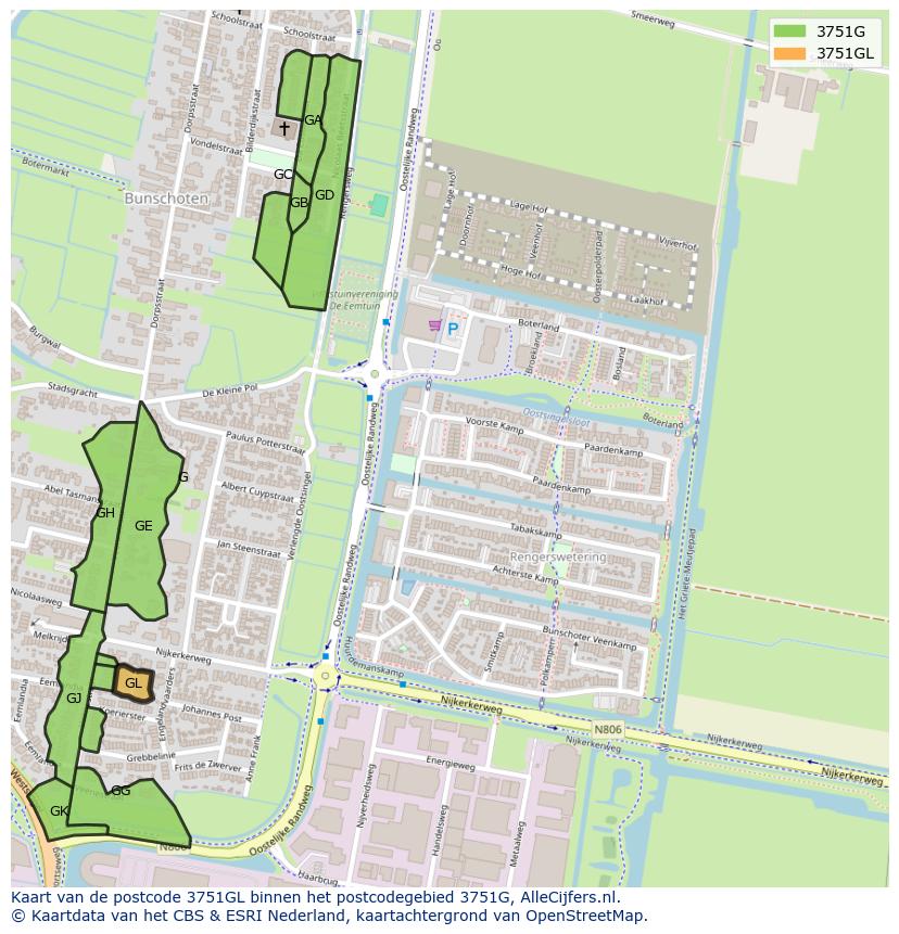 Afbeelding van het postcodegebied 3751 GL op de kaart.