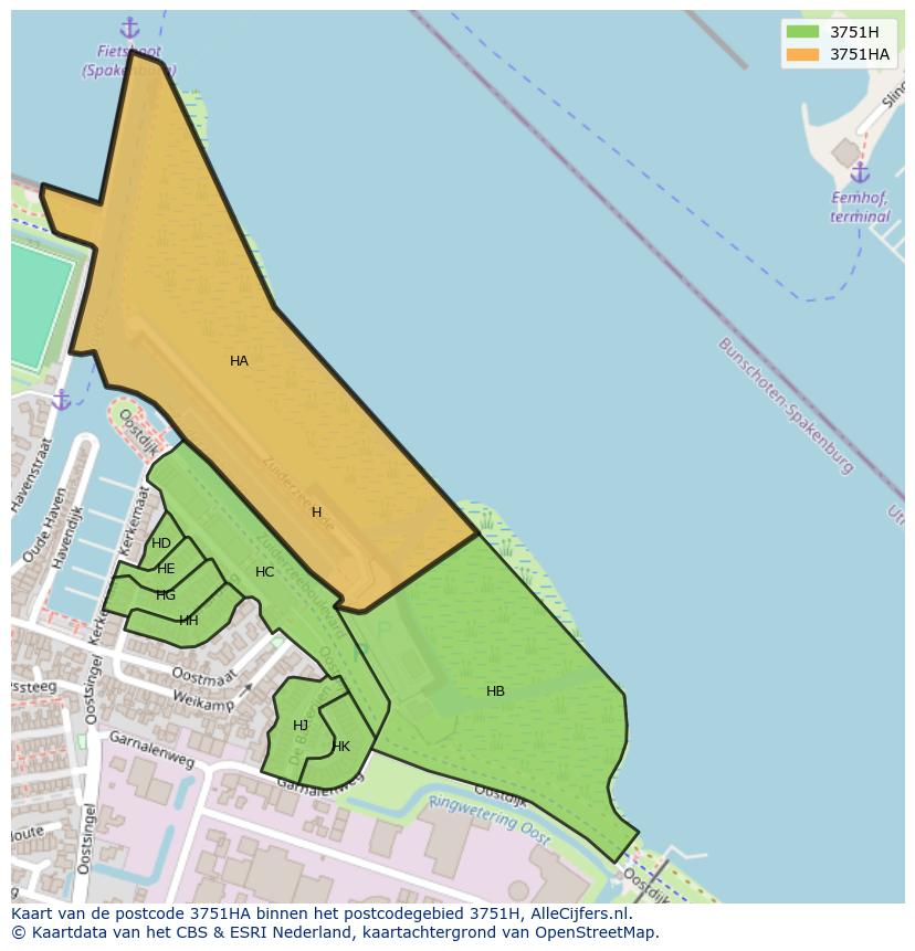 Afbeelding van het postcodegebied 3751 HA op de kaart.