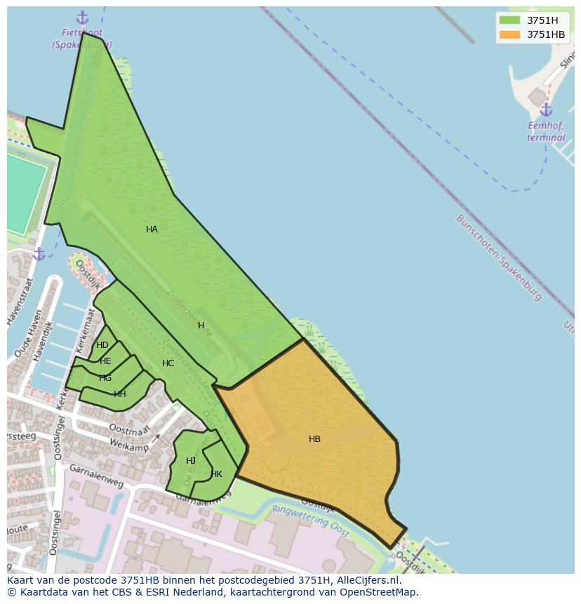 Afbeelding van het postcodegebied 3751 HB op de kaart.