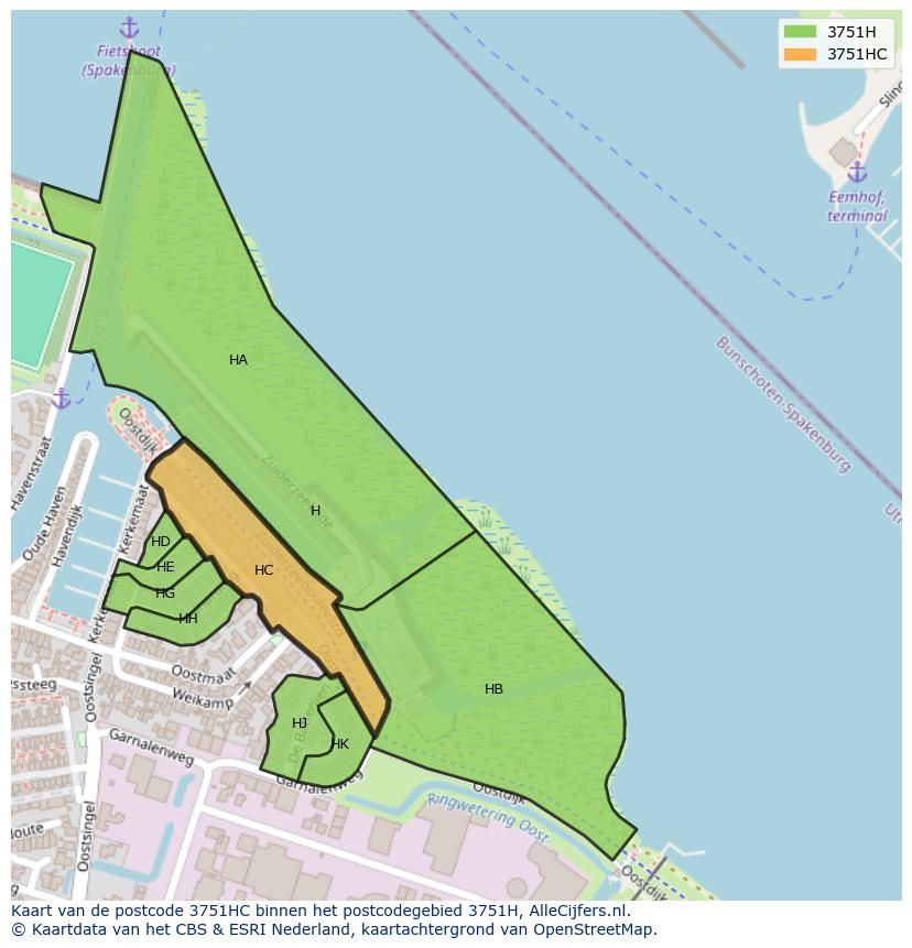 Afbeelding van het postcodegebied 3751 HC op de kaart.
