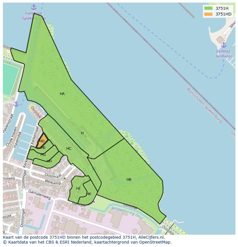 Afbeelding van het postcodegebied 3751 HD op de kaart.