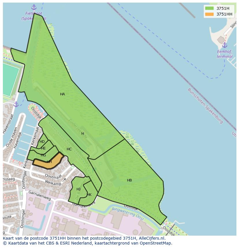 Afbeelding van het postcodegebied 3751 HH op de kaart.