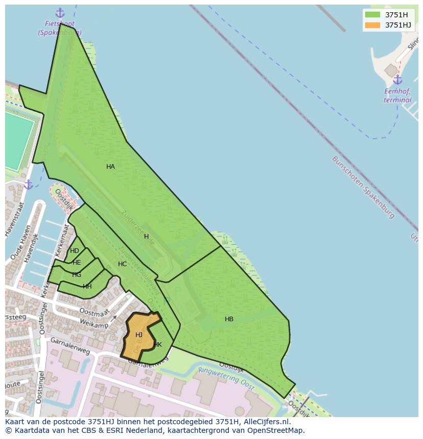 Afbeelding van het postcodegebied 3751 HJ op de kaart.