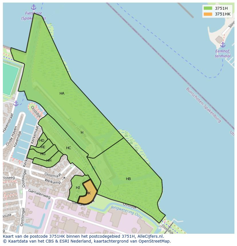 Afbeelding van het postcodegebied 3751 HK op de kaart.