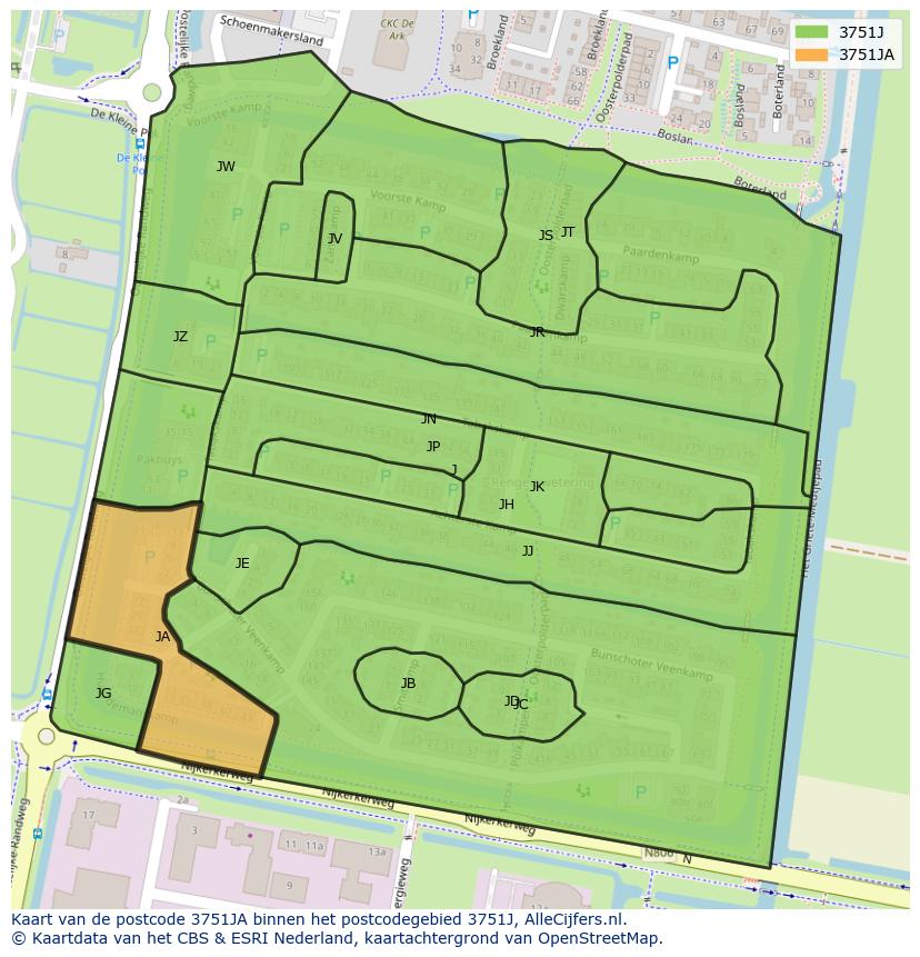 Afbeelding van het postcodegebied 3751 JA op de kaart.