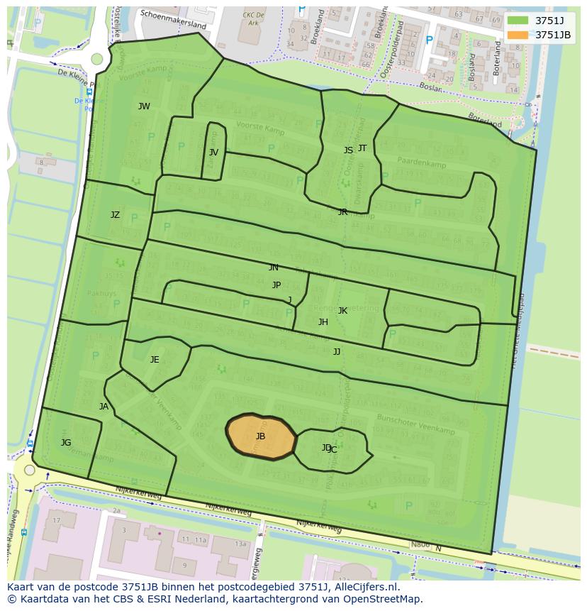 Afbeelding van het postcodegebied 3751 JB op de kaart.