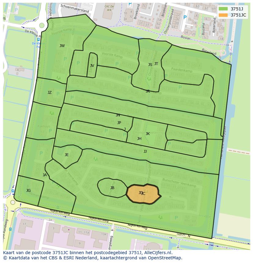 Afbeelding van het postcodegebied 3751 JC op de kaart.