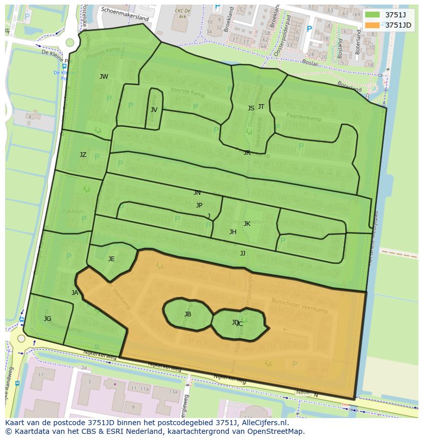Afbeelding van het postcodegebied 3751 JD op de kaart.