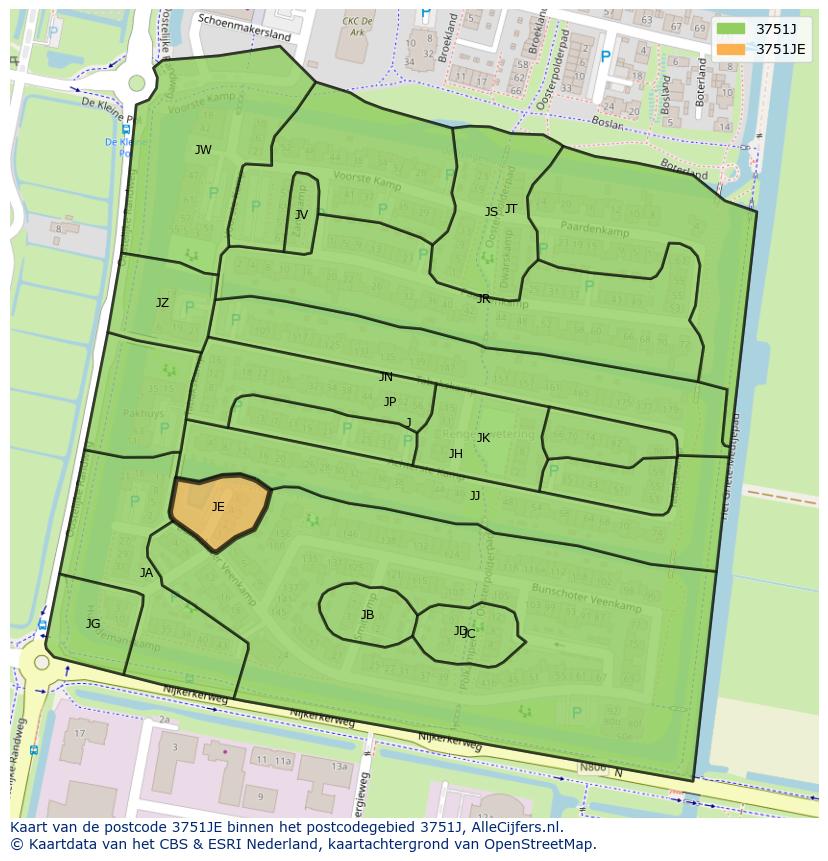 Afbeelding van het postcodegebied 3751 JE op de kaart.