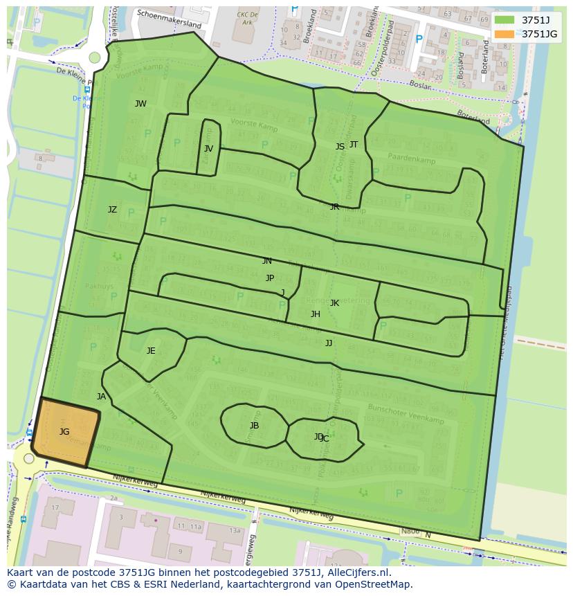 Afbeelding van het postcodegebied 3751 JG op de kaart.