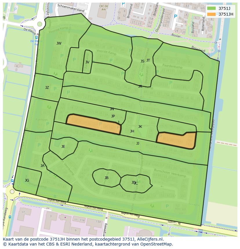 Afbeelding van het postcodegebied 3751 JH op de kaart.