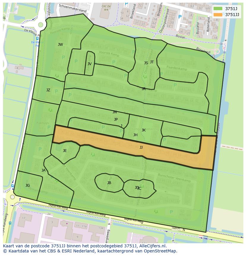 Afbeelding van het postcodegebied 3751 JJ op de kaart.