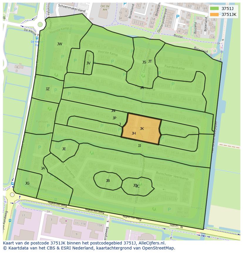 Afbeelding van het postcodegebied 3751 JK op de kaart.