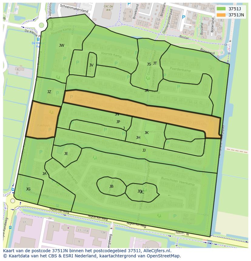 Afbeelding van het postcodegebied 3751 JN op de kaart.