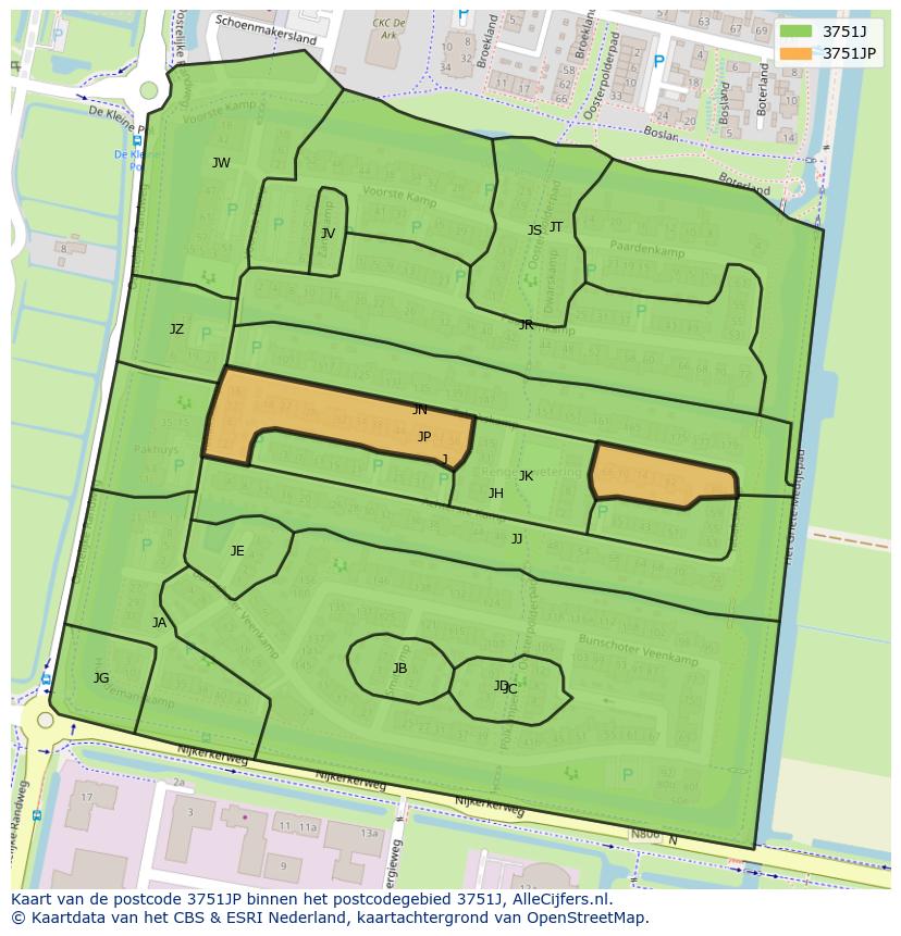 Afbeelding van het postcodegebied 3751 JP op de kaart.