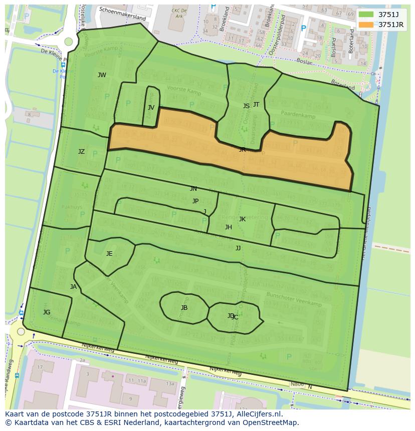 Afbeelding van het postcodegebied 3751 JR op de kaart.