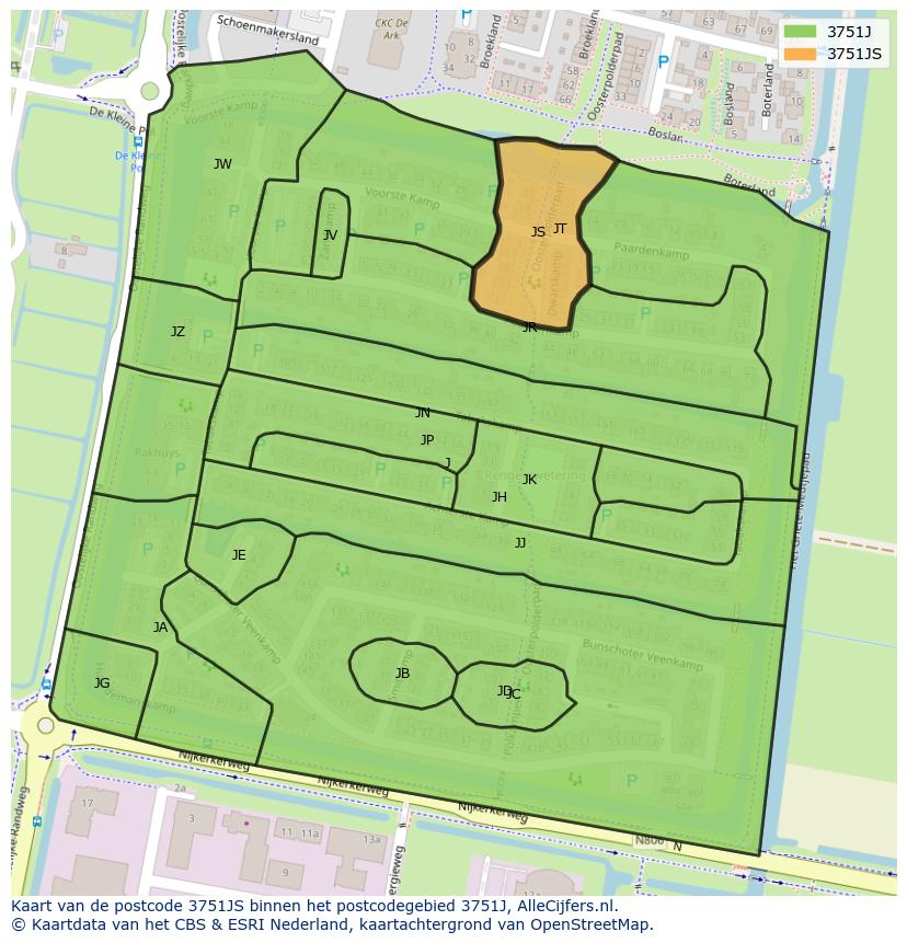 Afbeelding van het postcodegebied 3751 JS op de kaart.