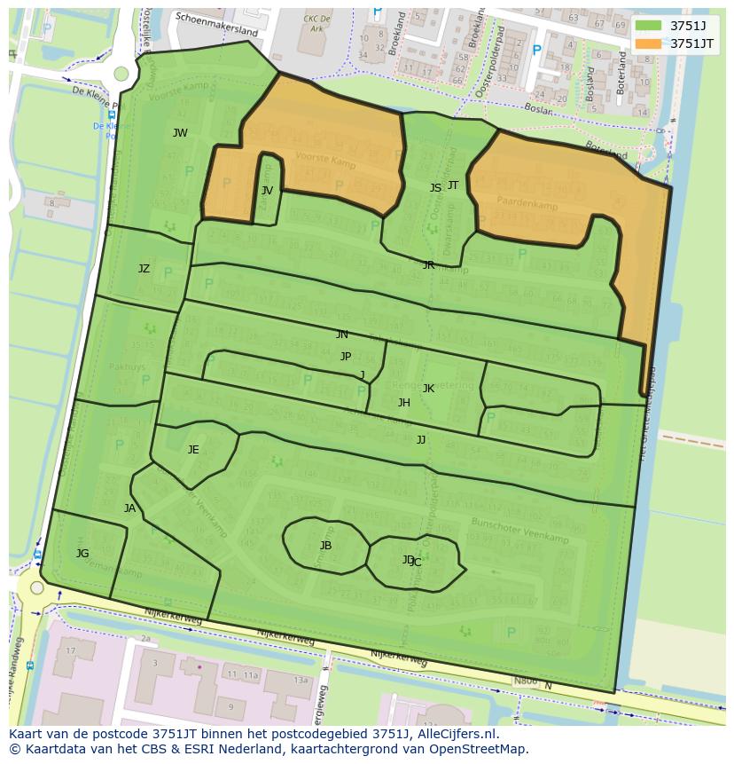 Afbeelding van het postcodegebied 3751 JT op de kaart.