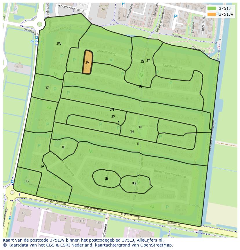 Afbeelding van het postcodegebied 3751 JV op de kaart.