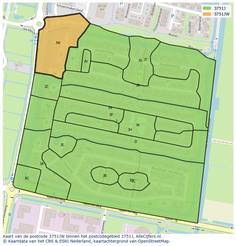 Afbeelding van het postcodegebied 3751 JW op de kaart.
