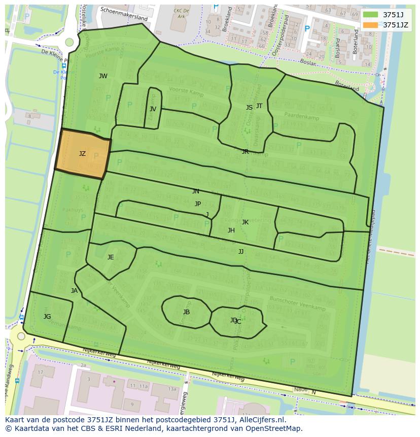 Afbeelding van het postcodegebied 3751 JZ op de kaart.
