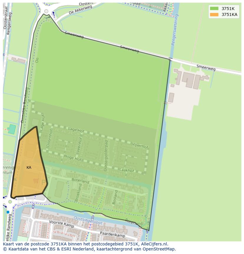 Afbeelding van het postcodegebied 3751 KA op de kaart.