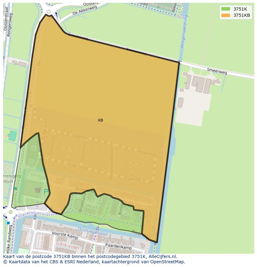 Afbeelding van het postcodegebied 3751 KB op de kaart.