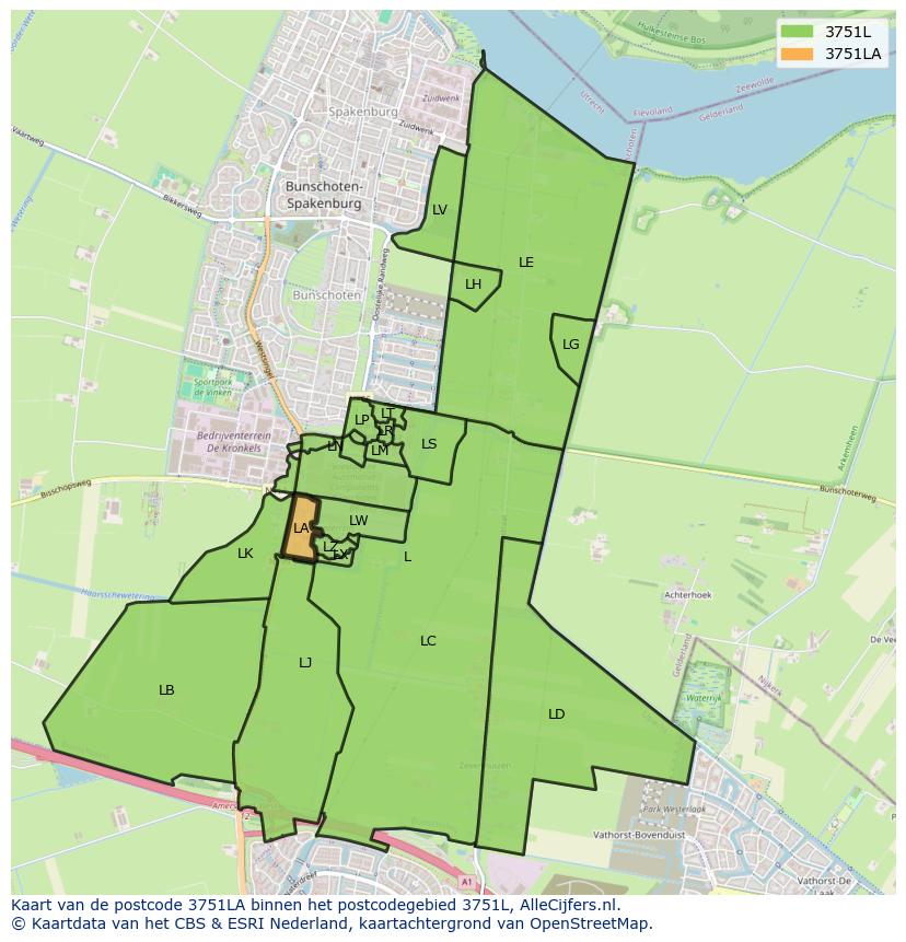 Afbeelding van het postcodegebied 3751 LA op de kaart.