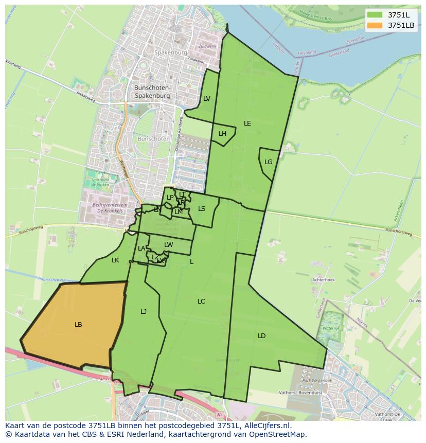 Afbeelding van het postcodegebied 3751 LB op de kaart.