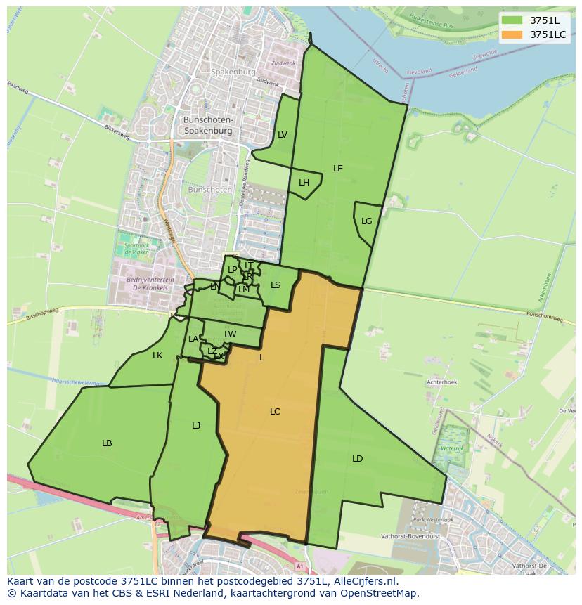 Afbeelding van het postcodegebied 3751 LC op de kaart.