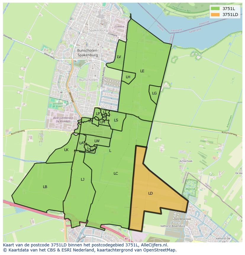 Afbeelding van het postcodegebied 3751 LD op de kaart.