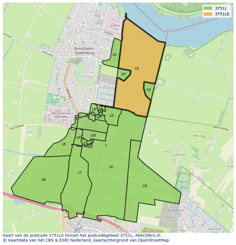Afbeelding van het postcodegebied 3751 LE op de kaart.