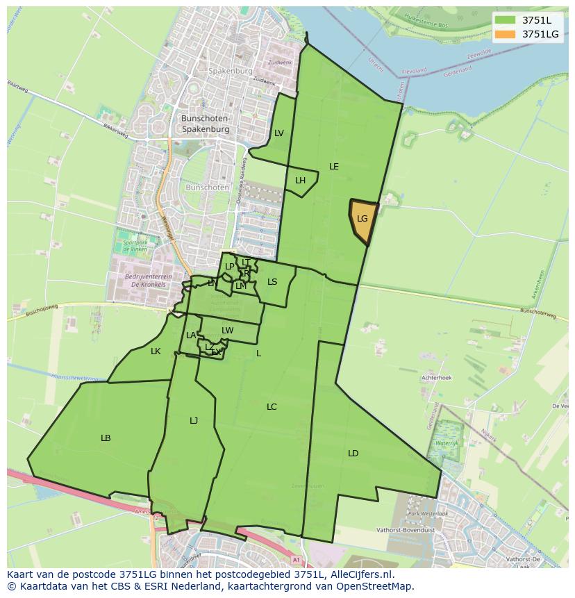 Afbeelding van het postcodegebied 3751 LG op de kaart.
