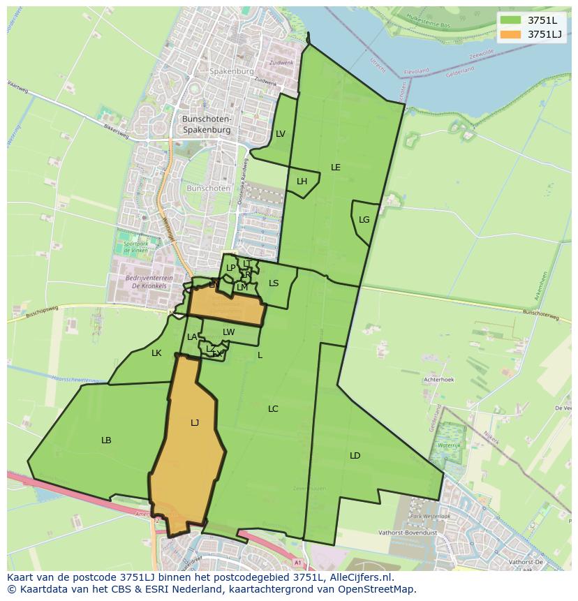 Afbeelding van het postcodegebied 3751 LJ op de kaart.