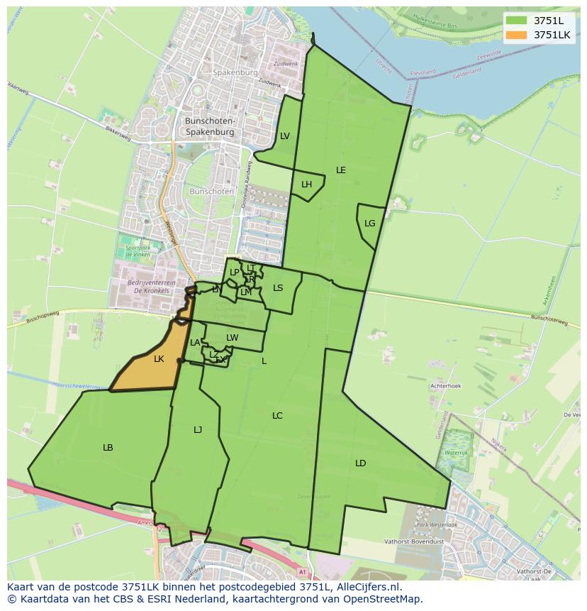 Afbeelding van het postcodegebied 3751 LK op de kaart.