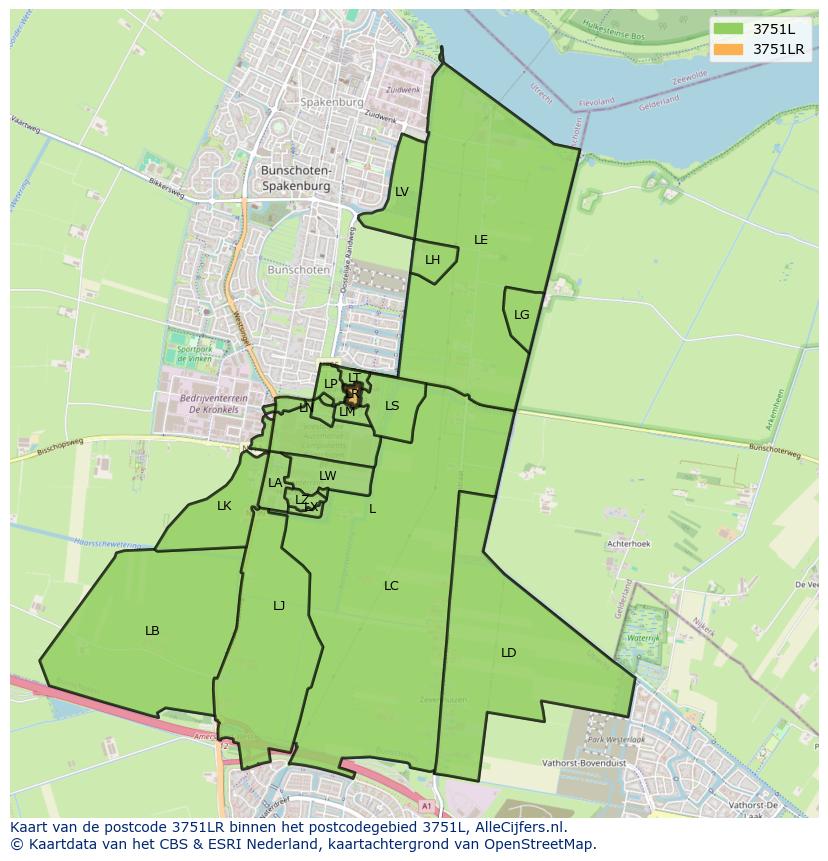 Afbeelding van het postcodegebied 3751 LR op de kaart.