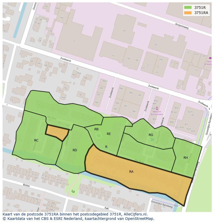 Afbeelding van het postcodegebied 3751 RA op de kaart.