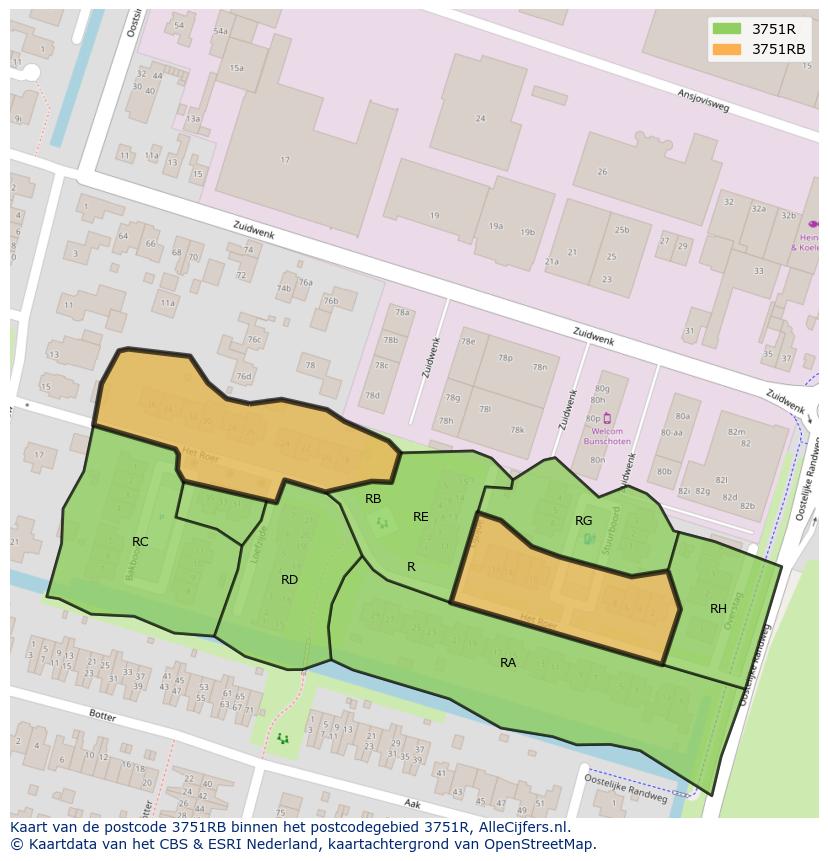 Afbeelding van het postcodegebied 3751 RB op de kaart.