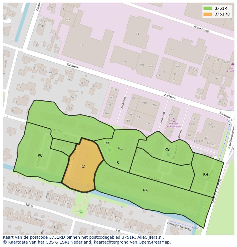 Afbeelding van het postcodegebied 3751 RD op de kaart.