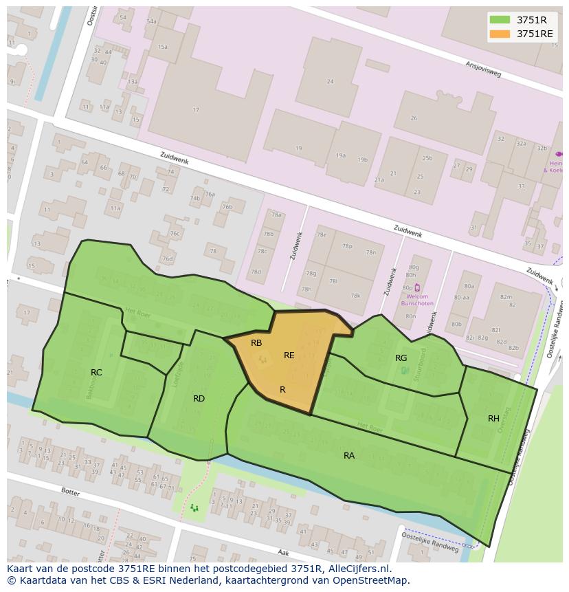 Afbeelding van het postcodegebied 3751 RE op de kaart.