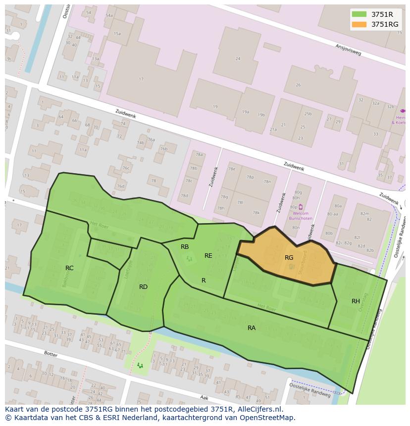 Afbeelding van het postcodegebied 3751 RG op de kaart.