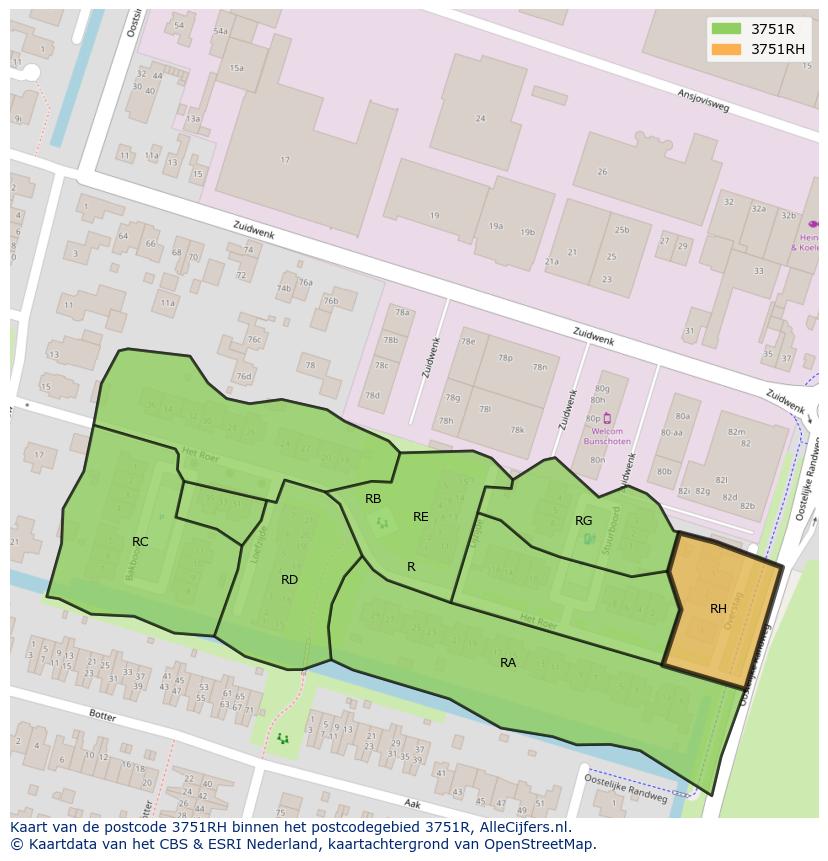 Afbeelding van het postcodegebied 3751 RH op de kaart.