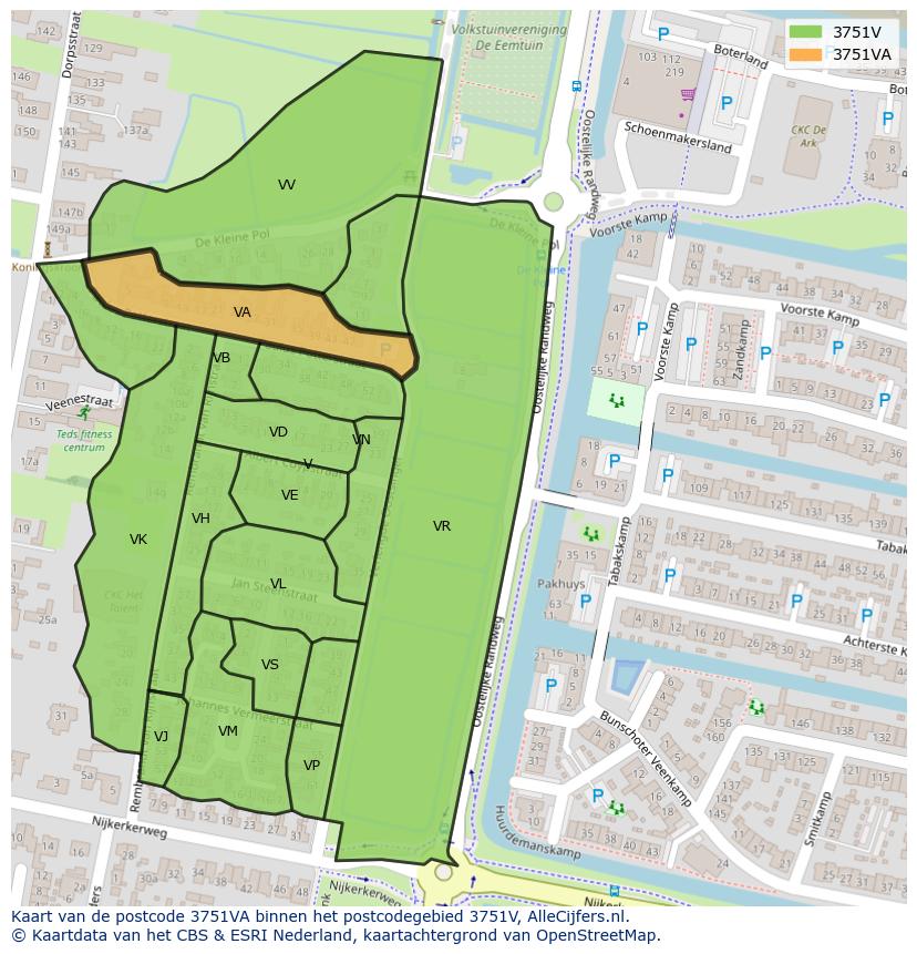 Afbeelding van het postcodegebied 3751 VA op de kaart.